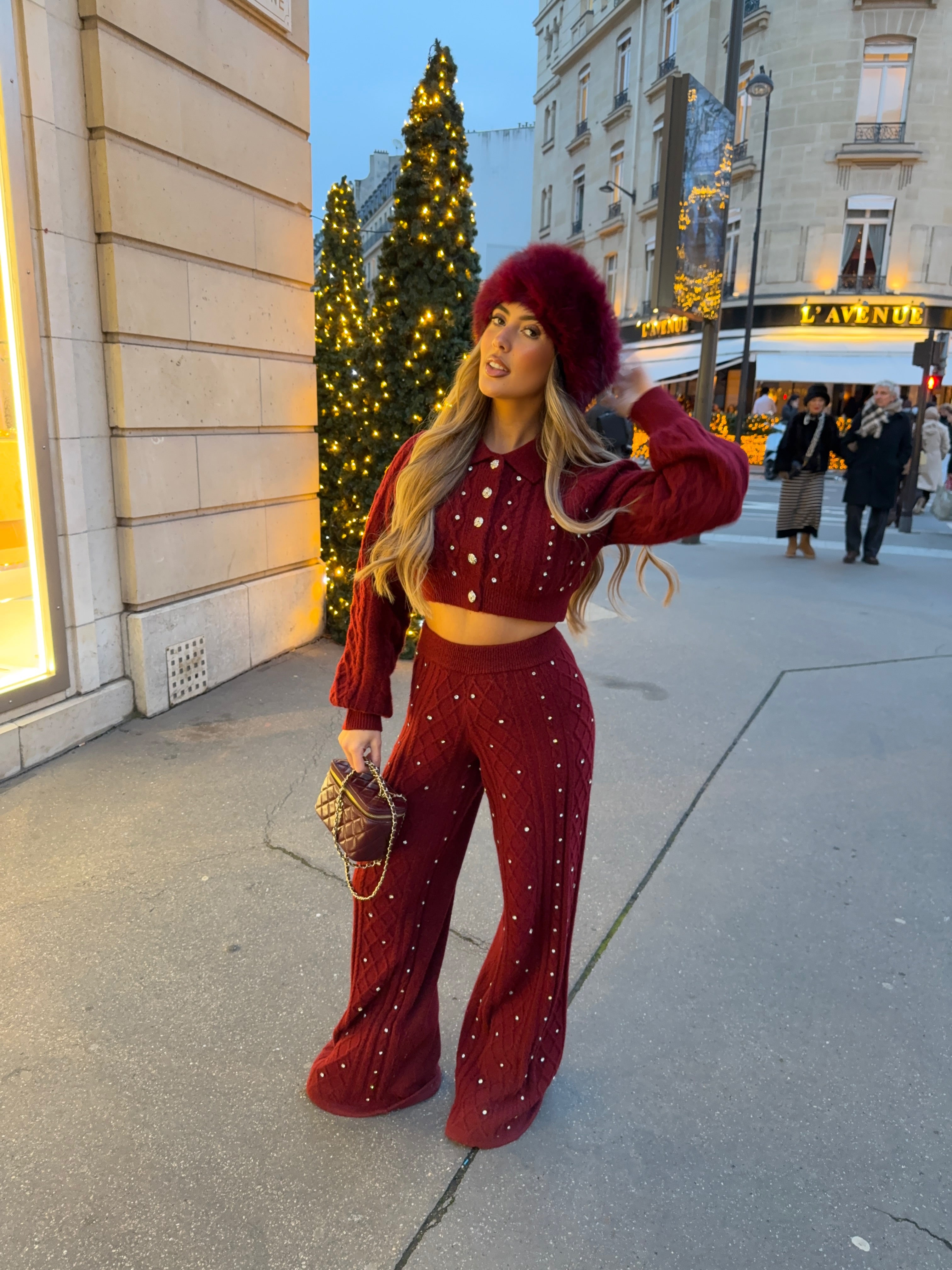 AURORA BURGUNDY KNIT DIAMANTÉ TROUSERS