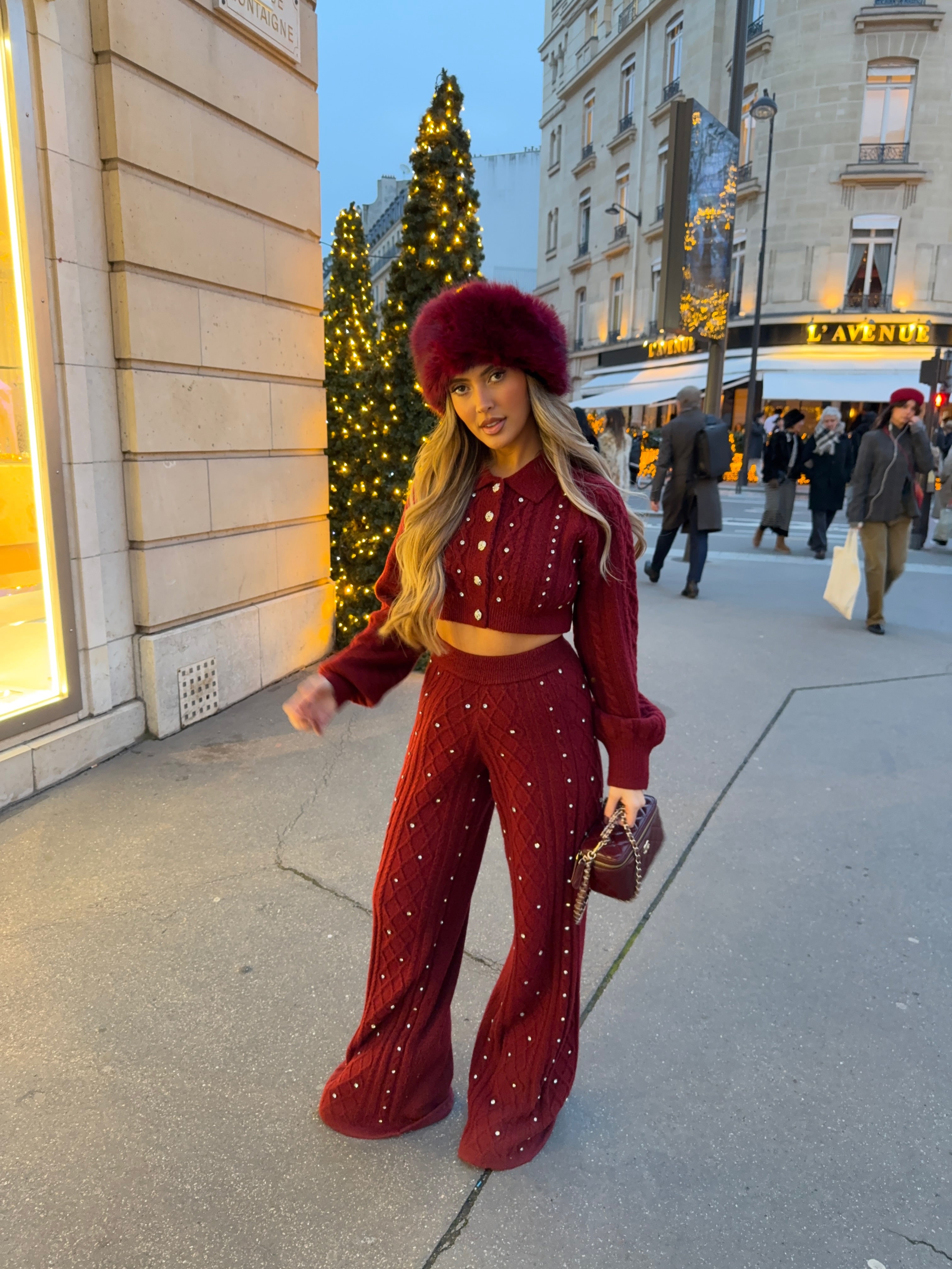 AURORA BURGUNDY KNIT DIAMANTÉ TROUSERS