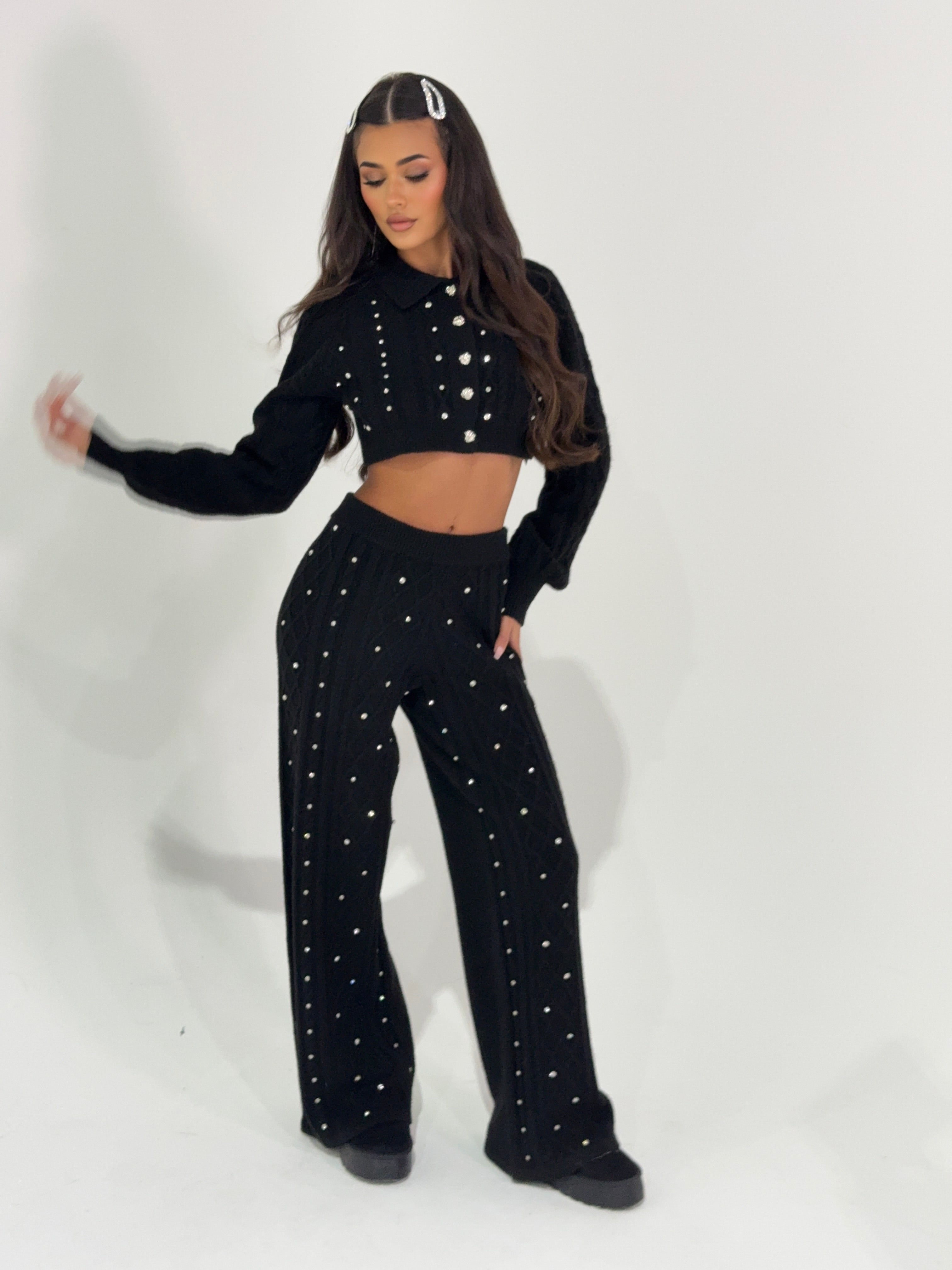 AURORA NOIR CABLE KNIT DIAMANTÉ TROUSERS
