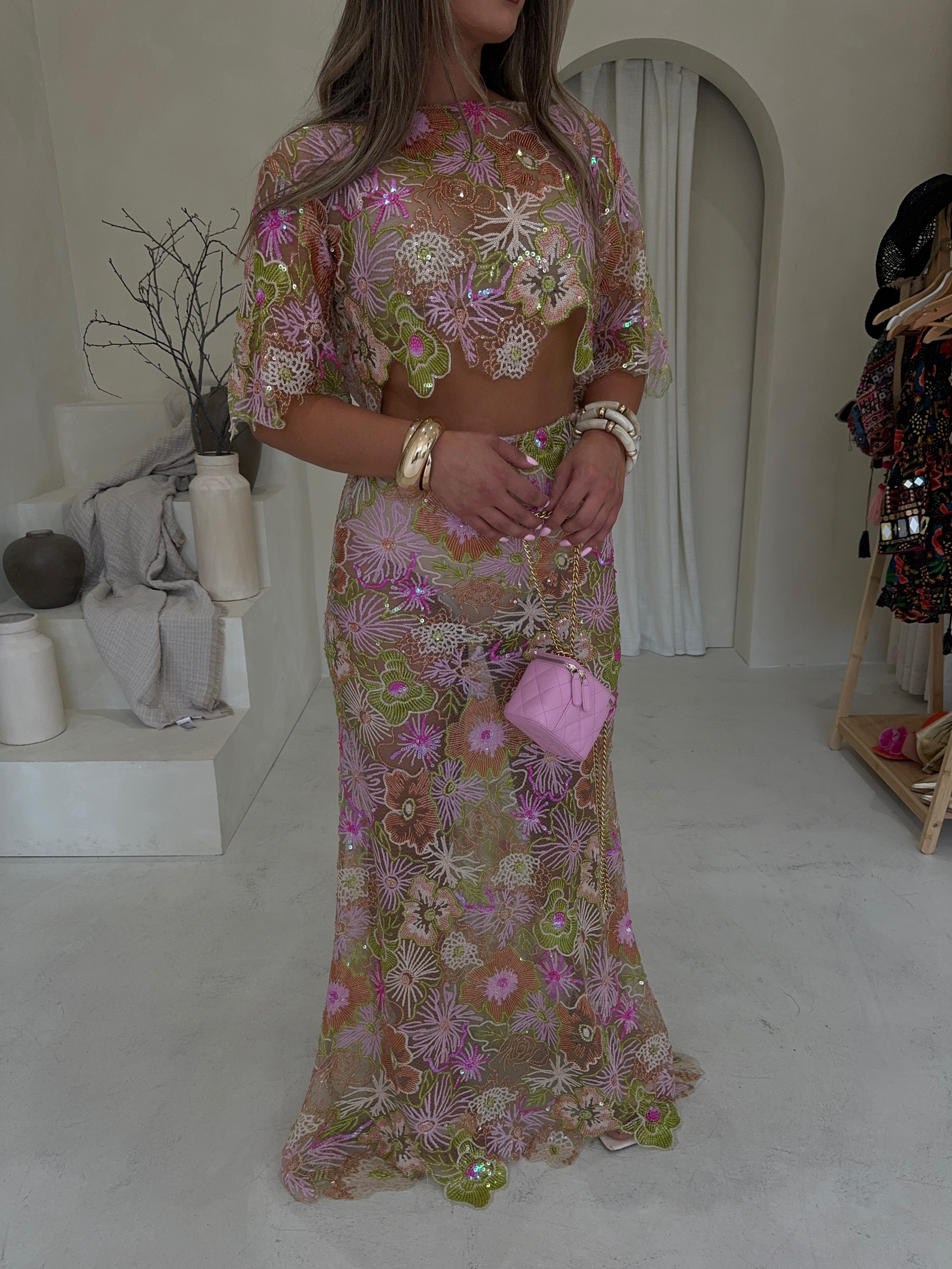 AMIRA Pink Sequin Maxi Skirt