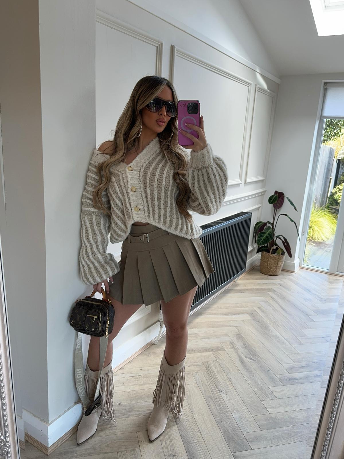LAURA Mini Pleated Skirt With Belt - Taupe