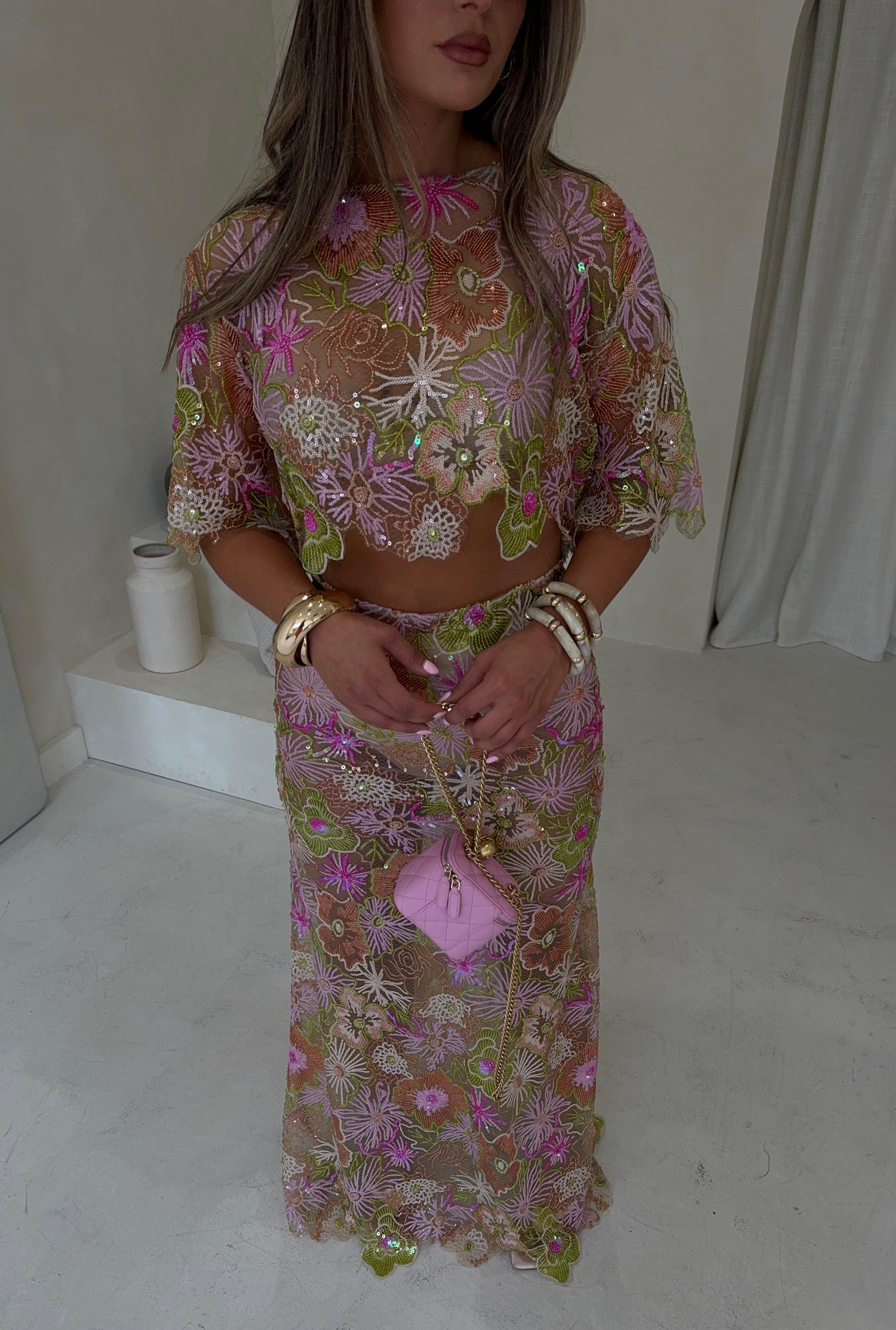 AMIRA Pink Sequin Maxi Skirt
