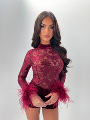 RENÉA FEATHER LACE TOP - BURGUNDY