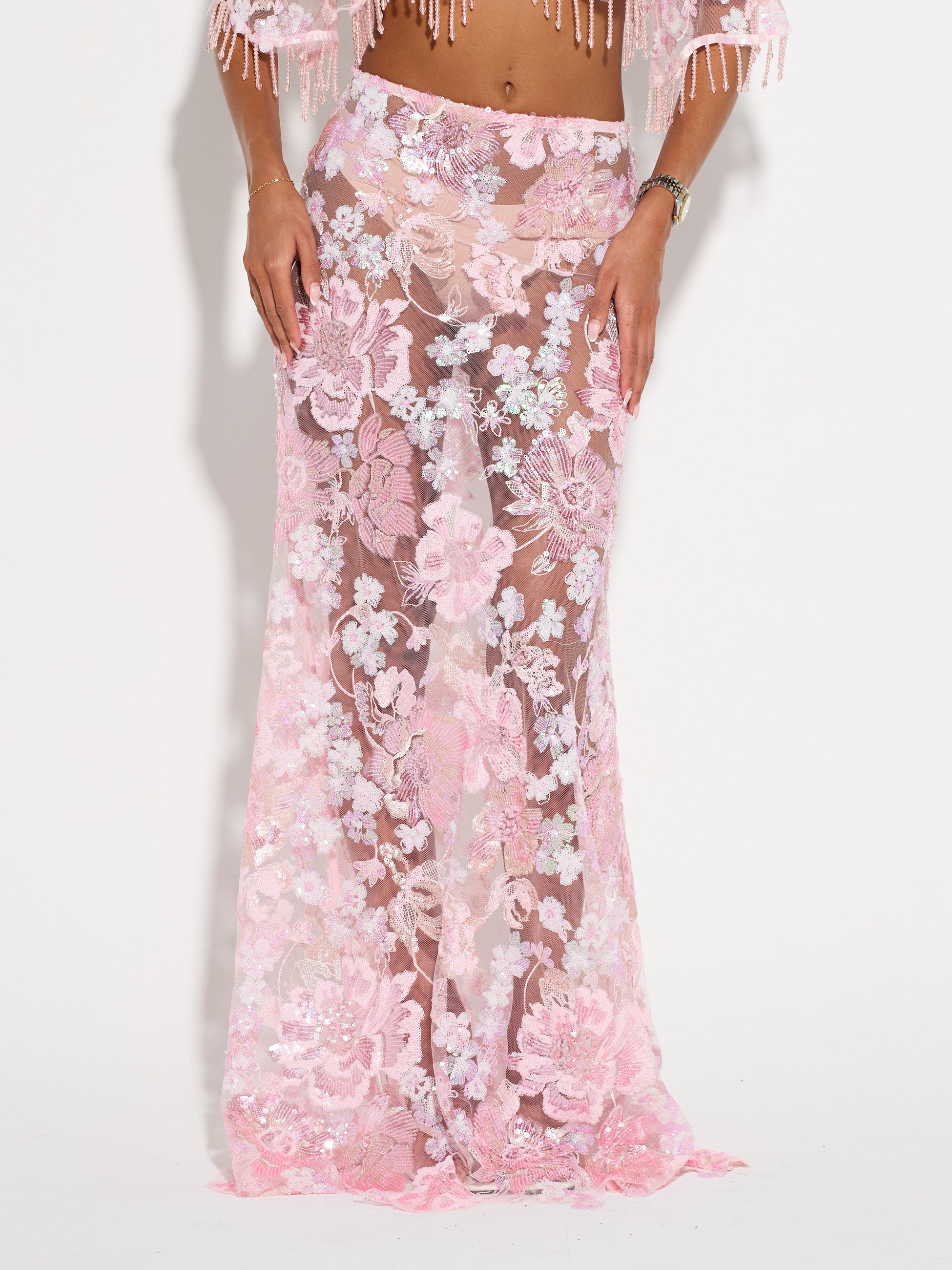 AMIRA Pink Embellished Maxi Skirt