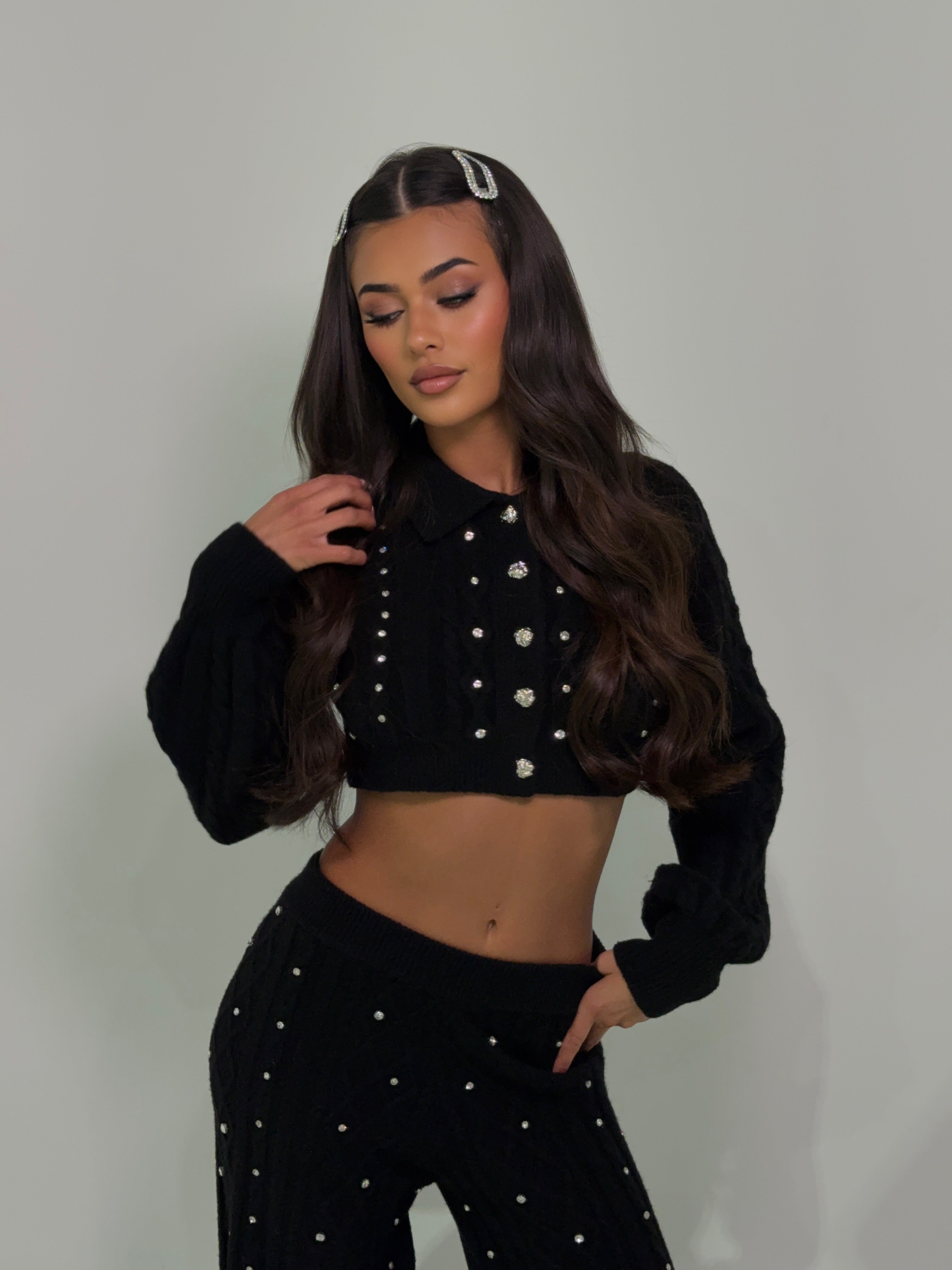 AURORA NOIR CABLE KNIT DIAMANTÉ TROUSERS