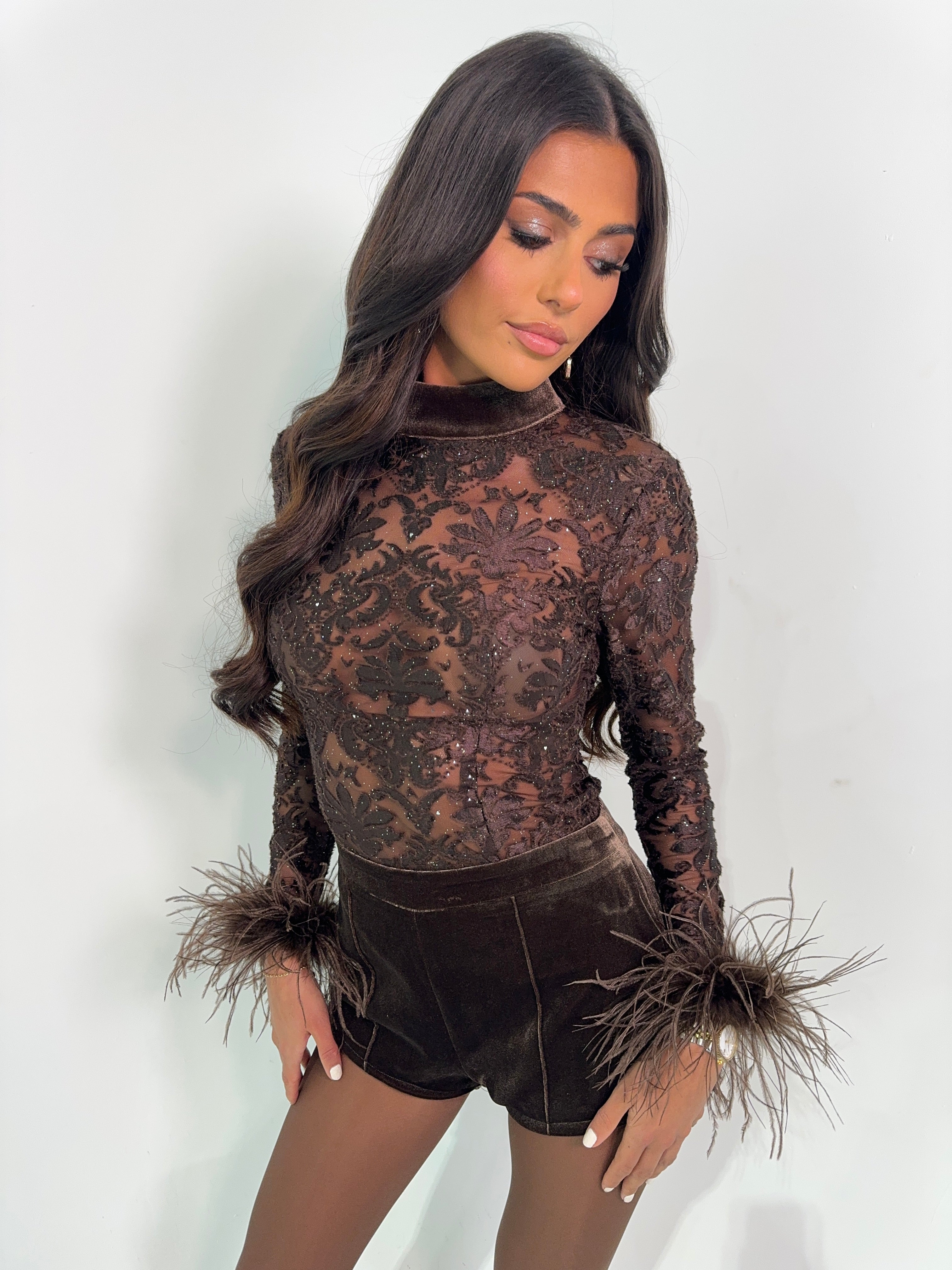 RENEA FEATHER LACE TOP - BROWN