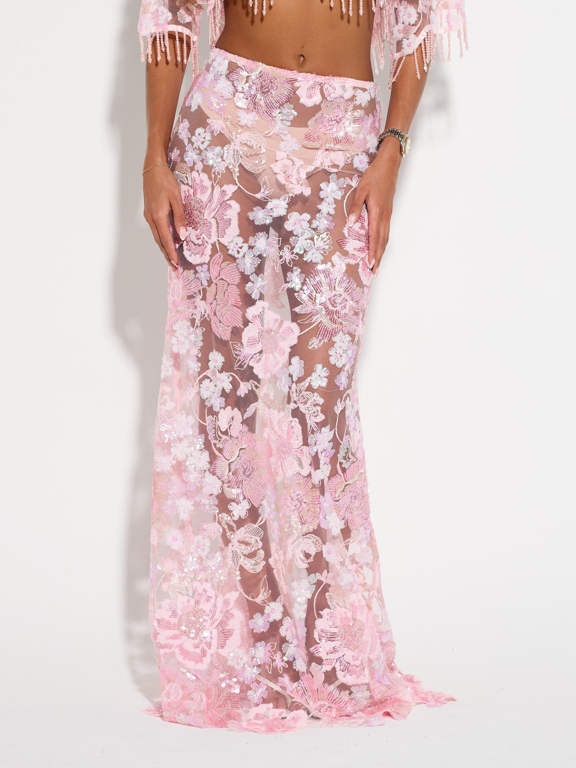 AMIRA Pink Embellished Maxi Skirt