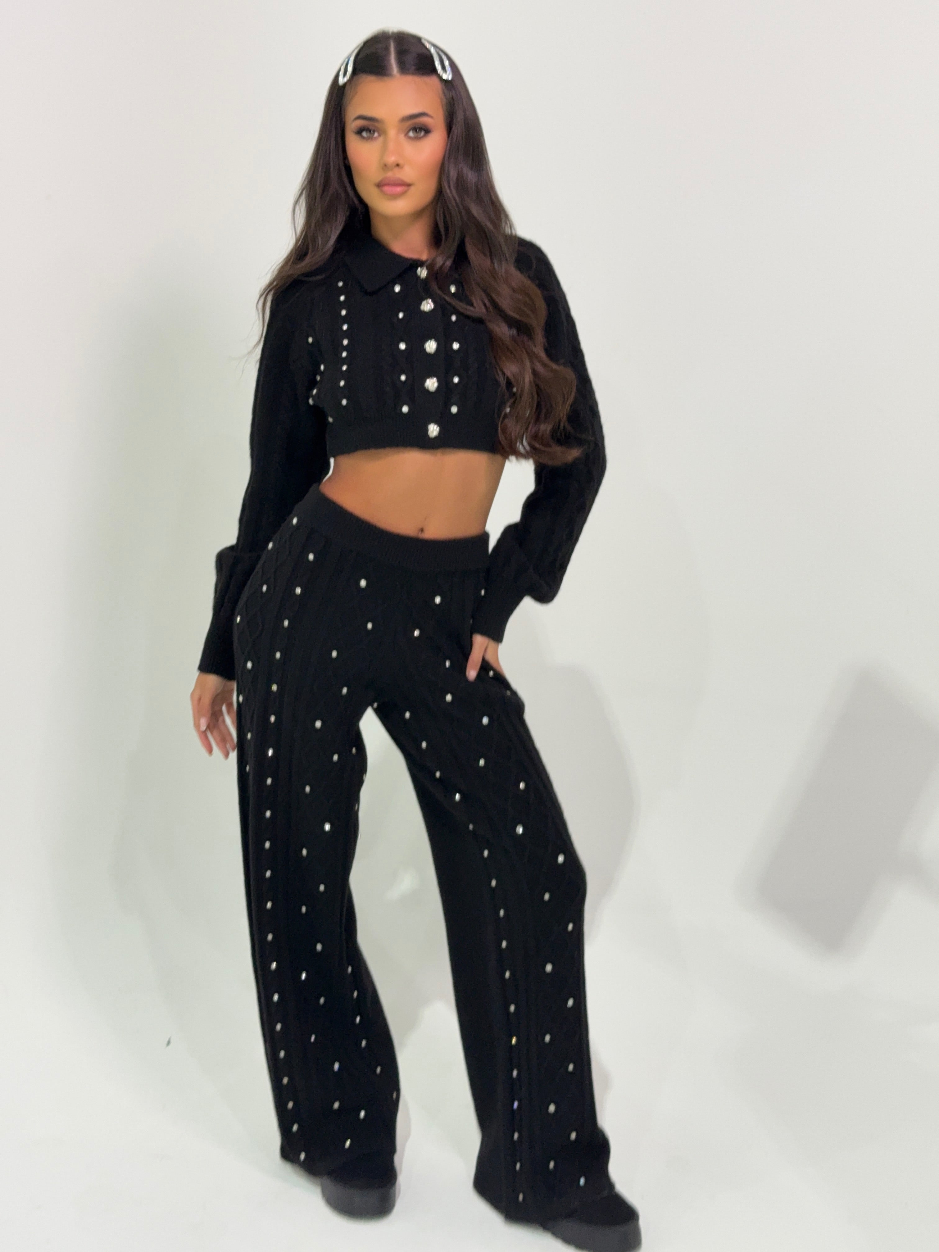 AURORA NOIR CABLE KNIT DIAMANTÉ TROUSERS