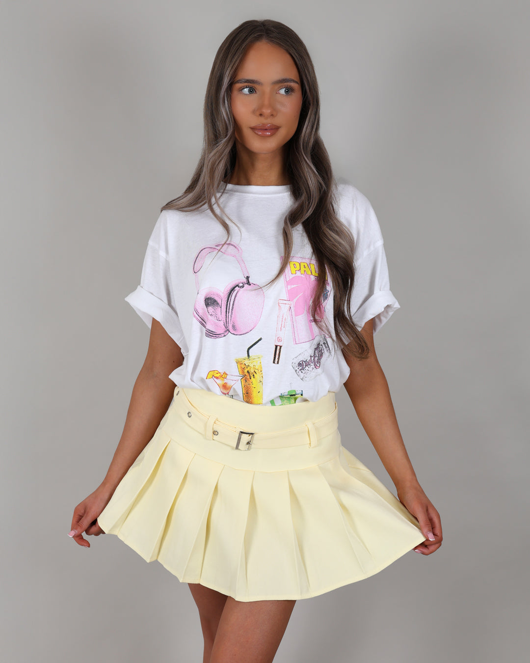 LAURA Mini Pleated Skirt With Belt - Yellow